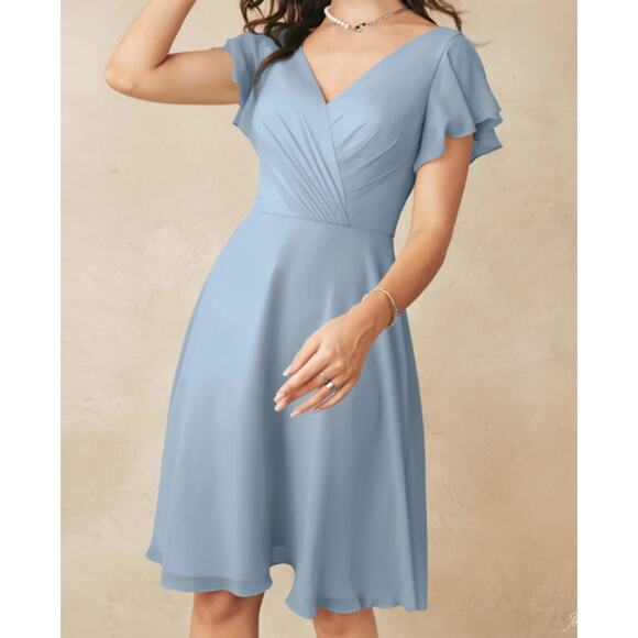 AW BRIDAL 10 L dusty blue chiffon Megan party cocktail knee length dress NEW B50 - Picture 2 of 8